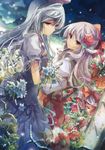  absurdres blue_hair bow cover flower fruit_punch fujiwara_no_mokou hair_bow hat highres huge_filesize kamishirasawa_keine long_hair multiple_girls orange_eyes rose silver_hair touhou 