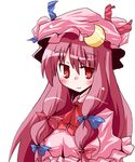  alternate_hair_color blue_bow blue_ribbon blush bow crescent crescent_hair_ornament dress frilled_dress frilled_sleeves frills hair_ornament hair_ribbon hat hat_ribbon kuraryu long_hair mob_cap patchouli_knowledge pink_hair red_bow red_eyes red_ribbon ribbon solo touhou upper_body 