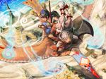  2girls animal_ears axe bird black_hair bow flying hair_bow multiple_girls multiple_riders oca open_mouth pixiv_fantasia pixiv_fantasia_4 purple_eyes riding staff twintails weapon white_hair wind wings 