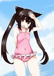  animal_ears black_hair brown_eyes casual_one-piece_swimsuit cat_ears highres k-on! long_hair nakano_azusa one-piece_swimsuit pink_swimsuit shirogane_(platinum) solo swimsuit twintails 