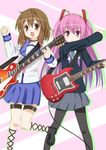  ahoge angel_beats! ankle_lace-up bad_id bad_pixiv_id belt blazer brown_eyes brown_hair choker cosplay costume_switch cross cross-laced_footwear crossover electric_guitar guitar hair_ornament hairclip highres hirasawa_yui instrument jacket k-on! kue long_hair multiple_girls namesake open_mouth pantyhose pink_eyes pink_hair plectrum school_uniform serafuku short_hair short_twintails skirt thigh_strap twintails yui_(angel_beats!) 