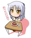  angel_beats! blazer blush chibi food from_above jacket long_hair looking_up mapo_doufu ponytail school_uniform shinobu-sakura silver_hair sitting solo table tenshi_(angel_beats!) yellow_eyes 