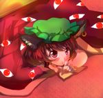  animal_ears bad_id bad_pixiv_id banned_artist brown_hair cat_ears chen earrings eyes finger_to_mouth hat jewelry kotatsu poko_(mammypoko) red_eyes short_hair shushing solo table touhou 