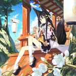  animal_ears black_hair branch dango eating flower food fox_ears fox_tail kuromitsu_nene lantern legs light_rays original paper_lantern poco_(asahi_age) sanshoku_dango sitting skewer skirt solo sunbeam sunlight tabi tail wagashi yellow_eyes 