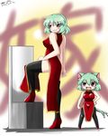  animal_ears black_legwear bloodycat breasts cat_ears cat_tail china_dress chinese_clothes dress dual_persona fang hand_on_hip kazami_yuuka kemonomimi_mode large_breasts multiple_girls multiple_tails red_eyes short_hair tail thighhighs third_eye touhou 