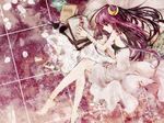  alternate_costume bandages barefoot book bookmark crescent crescent_hair_ornament dress duca hair_ornament highres legs long_hair lying on_side patchouli_knowledge purple_hair red_eyes solo touhou 