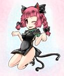  animal_ears bad_id bad_pixiv_id braid cat_ears cat_tail china_dress chinese_clothes dress hands kaenbyou_rin multiple_tails one_eye_closed r0g0b0 red_eyes red_hair short_hair smile solo tail touhou twin_braids twintails 