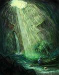  bad_pixiv_id bird gen_4_pokemon light_rays looking_up lucario nature nazumu no_humans pokemon pokemon_(creature) sitting sunbeam sunlight underground water waterfall watmel_berry 