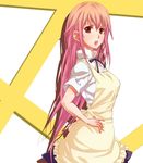  apron blush crossdressing hand_on_hip kawagoe_pochi long_hair male_focus otoko_no_ko pink_hair red_eyes solo takanashi_kotori takanashi_souta waitress working!! 