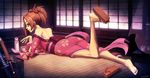  ass back barefoot breasts brown_eyes brown_hair feet fuu genzoman hair_ornament japanese_clothes kimono legs lying medium_breasts off_shoulder on_stomach ponytail samurai_champloo sandals shoes single_shoe soles solo yukata 