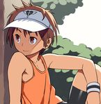  androgynous bike_shorts brown_eyes brown_hair copyright_request go_robots male_focus smile solo visor_cap 