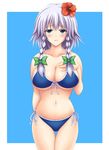  bad_id bad_pixiv_id bikini blue_background braid breasts cleavage cowboy_shot curvy flower front-tie_top hair_flower hair_ornament hibiscus izayoi_sakuya large_breasts looking_at_viewer nagimasa outside_border short_hair side-tie_bikini silver_hair simple_background solo swimsuit thigh_gap touhou twin_braids 