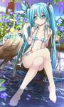  adjusting_hair aqua_eyes barefoot beek bikini blue_hair breasts bug butterfly crossed_legs feet flower hatsune_miku highres insect legs lily_of_the_valley long_hair petals sitting small_breasts solo striped striped_bikini swimsuit toes twintails very_long_hair vocaloid water wet wet_clothes wisteria 