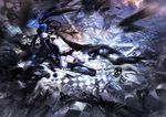  bikini_top black_hair black_rock_shooter black_rock_shooter_(character) blue_eyes burning_eye chain el-zheng glowing glowing_eye highres jacket long_hair open_clothes open_jacket short_shorts shorts solo 