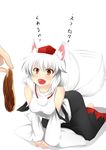  animal_ears detached_sleeves food hat highres inu3 inubashiri_momiji meat saliva short_hair silver_hair simple_background solo sparkle tail tail_wagging tokin_hat touhou translated wolf_ears wolf_tail 