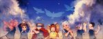  6+boys bad_id bad_pixiv_id bird brown_hair cape cloud confetti endou_mamoru fubuki_shirou fudou_akio goggles goggles_on_head gouenji_shuuya hairlocs hand_gesture headband inazuma_eleven inazuma_eleven_(series) kidou_yuuto laughing male_focus multiple_boys pink_hair sky tachimukai_yuuki tsunami_jousuke white_hair 