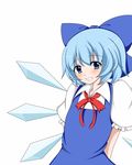  blue_eyes blue_hair blush cirno dress ribbon short_hair smile solo touhou wings zefyu 