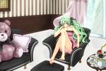  bad_id bad_pixiv_id barefoot bow cake chair chin_rest couch cup curly_hair curtains cushion dress easy_chair food green_eyes green_hair hair_bow hair_ribbon hatsune_miku jewelry kureno legs long_hair necklace panties pantyshot pantyshot_(sitting) ribbon room sitting solo strapless strapless_dress striped striped_ribbon stuffed_animal stuffed_toy tea teacup teapot teddy_bear underwear vocaloid 