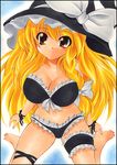  barefoot bikini blonde_hair breasts cleavage frills hands_on_feet hat kirisame_marisa large_breasts leg_garter long_hair looking_up marker_(medium) orange_eyes pastel_(medium) sitting solo swimsuit touhou traditional_media wariza witch_hat yadokari_genpachirou 