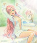  arms_up bare_legs bed breasts cleavage dress_shirt feet_out_of_frame legs light_rays long_hair mayo_riyo medium_breasts megurine_luka naked_shirt no_bra one_eye_closed open_clothes open_shirt pale_color pink_hair shirt sitting solo stretch sunbeam sunlight takoluka traditional_media very_long_hair vocaloid white_shirt yawning 