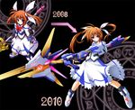  blue_eyes brown_hair dual_persona fingerless_gloves gloves hair_ribbon lyrical_nanoha magic_circle magical_girl mahou_shoujo_lyrical_nanoha mahou_shoujo_lyrical_nanoha_the_movie_1st nanairo_souga raising_heart ribbon staff takamachi_nanoha twintails weapon 