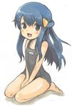  :d bare_shoulders barefoot between_thighs black_school_swimsuit blue_hair blush embarrassed full_body green_eyes hair_ornament hairclip half_updo hikari_(pokemon) long_hair one-piece_swimsuit open_mouth pokemon roamo school_swimsuit seiza simple_background sitting smile solo swimsuit v_arms wet white_background younger 