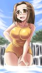  bad_id bad_pixiv_id brown_eyes brown_hair cameltoe glasses kamichu! one-piece_swimsuit shijou_mitsue short_hair solo swimsuit thigh_gap tonpuu wading water 