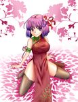  breasts china_dress chinese_clothes dress flower hair_ornament hiba_(p-p-purin) hieda_no_akyuu impossible_clothes large_breasts older purple_eyes purple_hair short_hair side_slit solo spread_legs thighhighs touhou 