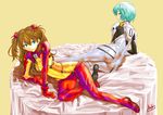  aqua_eyes arm_support ass ayanami_rei bad_id bad_pixiv_id blue_hair bodysuit brown_hair evangelion:_2.0_you_can_(not)_advance from_behind hebina_masayoshi highres long_hair looking_back lying multicolored multicolored_bodysuit multicolored_clothes multiple_girls neon_genesis_evangelion on_side orange_bodysuit plugsuit rebuild_of_evangelion red_bodysuit red_eyes shikinami_asuka_langley short_hair skin_tight smile souryuu_asuka_langley test_plugsuit white_bodysuit 