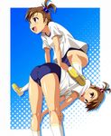  ass bent_over blue_background brown_eyes brown_hair buruma futami_ami futami_mami gym_uniform hair_bobbles hair_ornament halftone halftone_background idolmaster idolmaster_(classic) kneepits leap_frog multiple_girls nishi_(count2.4) open_mouth siblings side_ponytail twins 