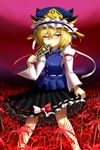  blonde_hair cosplay face flower harusame_(unmei_no_ikasumi) hat lunasa_prismriver one_eye_closed rod_of_remorse shiki_eiki shiki_eiki_(cosplay) short_hair skirt solo spider_lily touhou yellow_eyes 