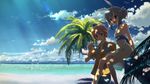  1girl beach blue_eyes brown_hair dappled_sunlight day dj_max dj_max_portable dress grey_hair highres outdoors palm_tree red_eyes sitting suee sundress sunglasses sunlight tree tree_shade wallpaper yuuki_tatsuya 