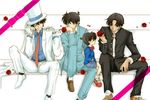  bow bowtie brown_hair cape child edogawa_conan flower hat hattori_heiji hinagiku_(hina-asap) kaitou_kid kudou_shin'ichi kuroba_kaito male_focus meitantei_conan monocle multiple_boys red_flower red_rose rose sitting smile teenage top_hat younger 