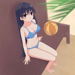  azumanga_daiou ball barefoot beachball bench bikini black_eyes black_hair hinuki_marina long_hair sakaki solo swimsuit 