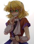  angry biting blonde_hair glowing glowing_eyes green_eyes hanjuku_tomato mizuhashi_parsee pointy_ears scarf short_hair solo thumb_biting touhou 