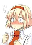  1girl alice_margatroid blonde_hair blue_eyes blush clenched_hands constricted_pupils face hairband necktie short_hair simple_background sketch solo tears touhou upper_body uro 