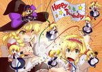  abo_(hechouchou) alice_margatroid alternate_costume alternate_hairstyle blonde_hair confetti doll english eyepatch grin happy_birthday hat highres horn_(instrument) kirisame_marisa mini-hakkero multiple_girls one_eye_closed pirate pirate_hat shanghai_doll smile sword touhou twintails weapon witch_hat 