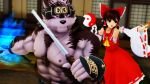  2018 3d_(artwork) abs anthro bow brown_hair canine clothed clothing crossover digital_media_(artwork) fur hair hair_ribbon headband holding_object holding_weapon horkeukamui human kemono magic male malicekira mammal melee_weapon multicolored_fur muscular muscular_male nipples open_mouth reimu_hakurei ribbons standing sword tokyo_afterschool_summoners touhou weapon white_fur wolf 
