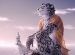  2020 5_fingers anthro black_spots blue_eyes clothed clothing day detailed_background digital_media_(artwork) eyebrows eyelashes felid fingers fur grey_body grey_fur male mammal oduvan773 outside pantherine sky smile smileeeeeee snow_leopard solo spots spotted_body spotted_fur 