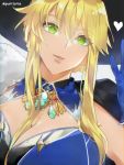  1girl ahoge artist_request artoria_pendragon_(all) artoria_pendragon_(lancer) bangs blonde_hair blue_dress blue_leotard braid breasts cape cleavage detached_collar dress fate/grand_order fate_(series) french_braid fur-trimmed_cape fur_trim green_eyes hair_between_eyes heart highres jewelry large_breasts leotard long_hair looking_at_viewer open_mouth parted_lips pendant sidelocks smile solo 