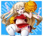  1girl :3 :d azur_lane bache_(azur_lane) bangs bare_shoulders blonde_hair blue_background blush border breasts cheerleader commentary_request cowboy_shot eyebrows_behind_hair fangs from_below groin hair_between_eyes hand_up heart heart-shaped_pupils holding_pom_poms kurono long_hair looking_at_viewer midriff navel open_mouth panties pantyshot pleated_skirt pom_poms purple_eyes purple_panties red_shirt red_skirt shirt side-tie_panties sidelocks skindentation skirt sleeveless sleeveless_shirt small_breasts smile solo standing symbol-shaped_pupils thighhighs translation_request twintails twitter_username underwear white_border zettai_ryouiki 