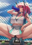  1girl azur_lane bangs bare_shoulders black_panties blue_sky blush bottle breasts bremerton_(azur_lane) bremerton_(scorching-hot_training)_(azur_lane) chain-link_fence crop_top crop_top_overhang drinking fence highres large_breasts long_hair looking_at_viewer multicolored_hair navel panties pink_eyes pink_hair qblade sky solo sportswear squatting streaked_hair tennis_uniform thighs twintails two-tone_shirt two-tone_skirt underwear water_bottle 