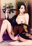  1girl barefoot black_hair fan feet final_fantasy final_fantasy_vii final_fantasy_vii_remake hair_bun hair_ornament hairpin highres japanese_clothes kimono looking_at_viewer madam_m no_panties off_shoulder one_breast_out pubic_hair pussy sarashi smile solo toes xtermination 