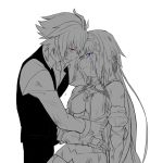  1boy 1girl black_vest blue_eyes breasts crying fate/apocrypha fate/grand_order fate_(series) hair_ornament highres hurt jeanne_d&#039;arc_(fate) jeanne_d&#039;arc_(fate)_(all) long_hair monochrome nyorotono red_eyes short_hair sieg_(fate/apocrypha) vest 