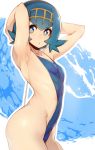  1girl armpits arms_up bangs blue_hair blue_swimsuit blush bright_pupils casual_one-piece_swimsuit flat_chest from_side hair_ornament highres looking_at_viewer looking_to_the_side one-piece_swimsuit pokemon pokemon_(game) pokemon_sm profile shiny shiny_hair shiny_skin short_hair slugbox solo standing suiren_(pokemon) swimsuit trial_captain 