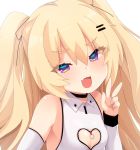  1girl :d azur_lane bache_(azur_lane) bache_(showy_sports_star)_(azur_lane) bangs blonde_hair blush breasts collared_dress detached_sleeves dress eyebrows_visible_through_hair fang hair_between_eyes hair_ornament hairclip hana_(tmtmrgrgtrg) hand_up heart_cutout jewelry long_hair long_sleeves looking_at_viewer open_mouth purple_eyes ring simple_background sleeveless sleeveless_dress small_breasts smile solo two_side_up upper_body v white_background white_dress white_sleeves 