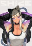  1girl animal_ears arms_up artist_name black_hair black_hoodie blonde_hair breasts cat_ears choker cleavage collarbone crop_top dark_skin drawstring eyebrows glasses highres hood hood_down large_breasts long_hair long_sleeves looking_at_viewer multicolored multicolored_clothes multicolored_hair multicolored_hoodie original purple_eyes purple_hoodie rectangular_eyewear sakuhiko sidelocks solo twitter_username upper_body white-framed_eyewear 