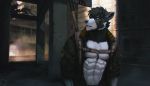  2020 abs anthro black_hair blue_nose canid canine canis clothed clothing detailed_background digital_media_(artwork) hair hitmore male mammal solo standing wolf 