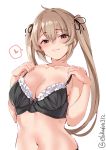  1girl adjusting_bra adjusting_clothes black_bra blush bra breasts brown_eyes collarbone ebifurya frilled_bra frills heart highres kantai_collection large_breasts light_brown_hair long_hair looking_at_viewer murasame_(kantai_collection) navel neck smile twintails twitter_username underwear upper_body 