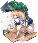  1girl :d absurdly_long_hair animal animal_ear_fluff animal_ears armpit_crease azur_lane backpack bag bandaid bandaid_on_knee bare_shoulders black_shorts blonde_hair cat crop_top fang flat_chest green_eyes hair_ornament hand_up handbag highres holding jacket lion_ears long_hair long_sleeves looking_at_viewer makinami_(azur_lane) makinami_(time_for_school!)_(azur_lane) midriff navel off_shoulder official_art open_clothes open_jacket open_mouth philomelalilium pouch running shirt shoes short_shorts shorts sleeveless sleeveless_shirt smile sneakers socks solo thighs transparent_background turret twintails very_long_hair white_jacket white_legwear white_shirt 